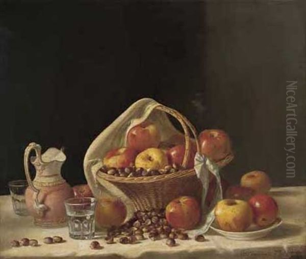 Still Life Of Apples And Nuts In A Basket Oil Painting by John F. Francis