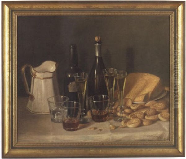 Still Life With Central Bottles Of Cognac And Wine Surrounded By Goblets, Glasses, A Wedge Of Cheese, And Biscuits On A Draped Table Oil Painting by John F. Francis