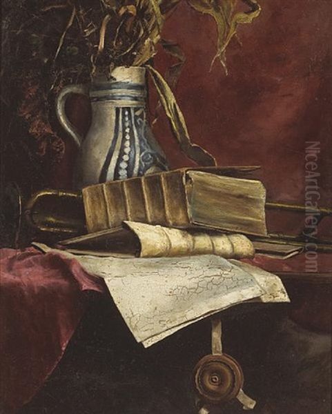 Still Life With Trombone And Books On A Table Oil Painting by John Bond Francisco