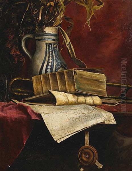 A Still Life With Books, Manuscripts, A Trombone And A Vase Oil Painting by John Bond Francisco