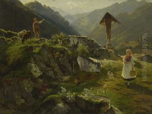 Begegnung Am Wegkreuz Oil Painting by Adolf Theodor Franck