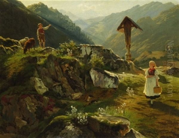 Hirtenjunge Und Bauermadchen In Den Alpen Oil Painting by Adolf Theodor Franck