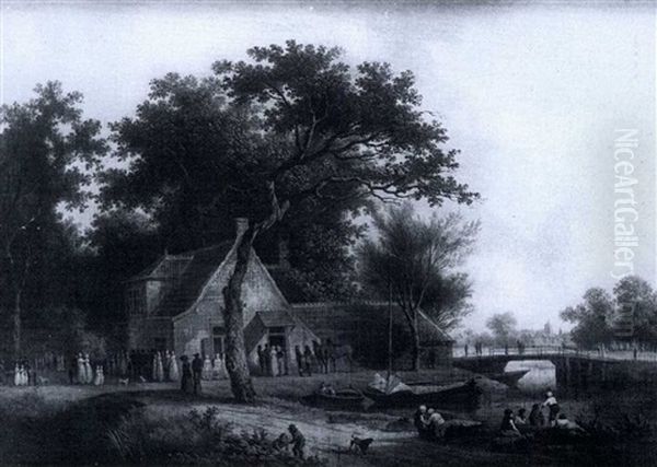 Figures Standing Outside A Cottage By A River Oil Painting by Christoffel Frederik Franck