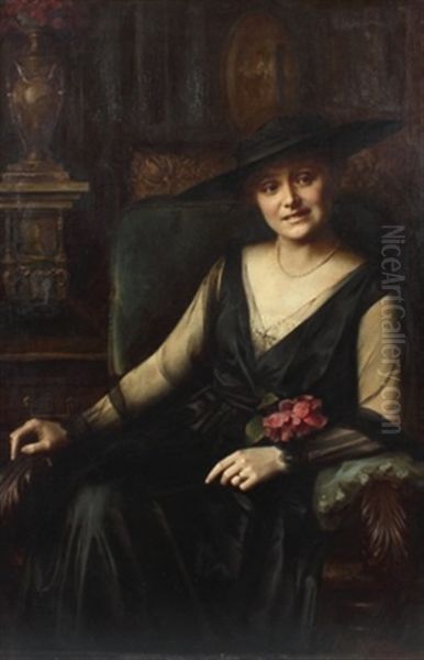 Portrat Einer Dame Mit Schwarzem Hut Und Tullkleid Oil Painting by Gustav Franck