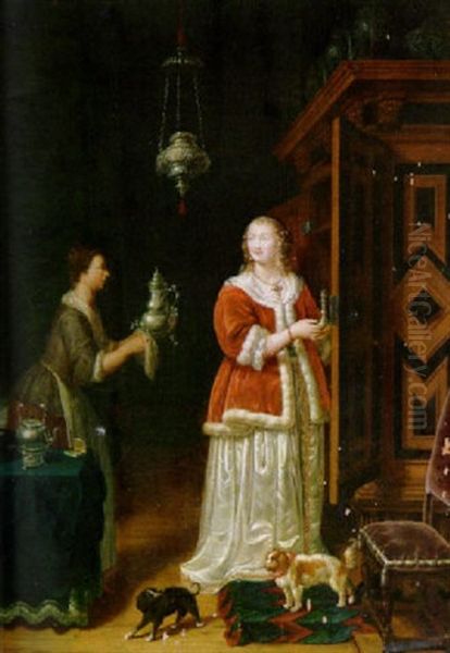 Hollandisches Interieur Mit Einer Dame Und Ihrer Magd Beim Putzen Des Zinns Oil Painting by Johann Willem Franck