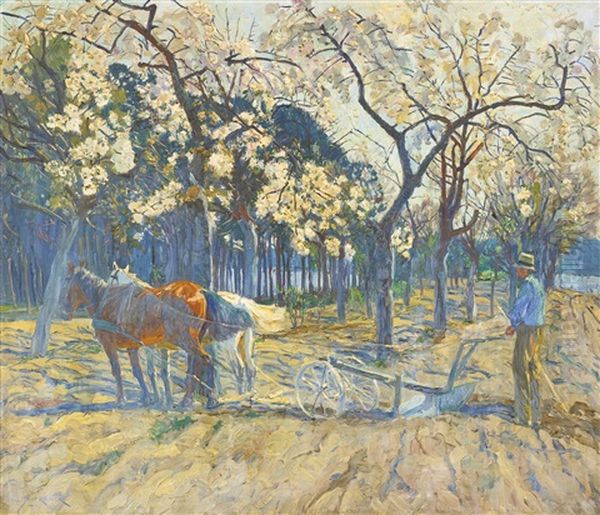 April Flowers (man Plowing Among Apple Blossoms) Oil Painting by Philipp Franck