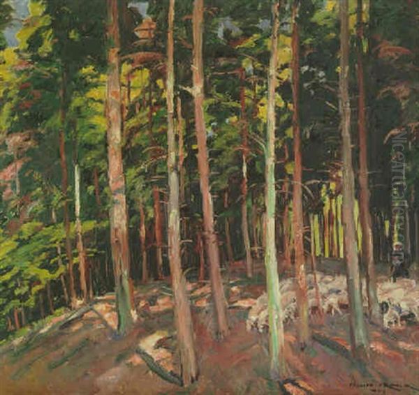 Schafer Mit Herde Im Wald (solling) Oil Painting by Philipp Franck