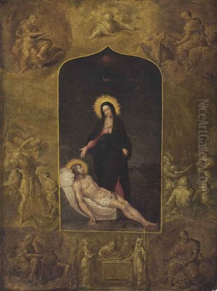 The Lamentation, With God The Father, The Four Evangelists, The Sacrifice Of Isaac, The Brazen Serpent And A Sacrifice Scene In The Borders Oil Painting by Frans Francken III