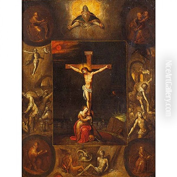 Cristo Crucificado Con Una Grisalla Alrededor Representando A Dios Padre, Los 4 Evangelistas, La Resurreccion, La Bajada Al Limbo, Y El Diablo... Oil Painting by Frans Francken III