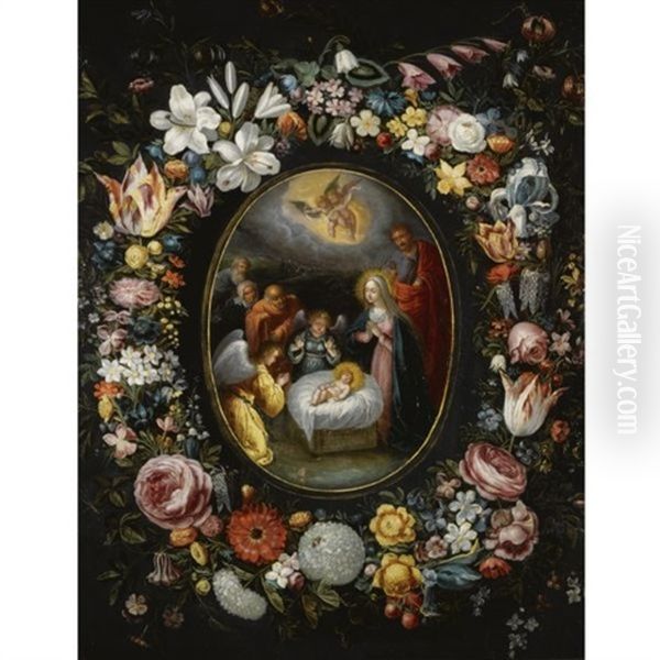 The Nativity Encircled By A Garland Of Roses, Parrot Tulips, Lilies, Violets, Forget-me-nots, Lily Of The Valley And Other Flowers Oil Painting by Frans Francken III