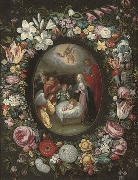 The Adoration Of The Shepherds Surrounded By A Garland Of Roses, Parrot Tulips, Lilies, Irises, Carnations And Other Flowers Oil Painting by Frans Francken III