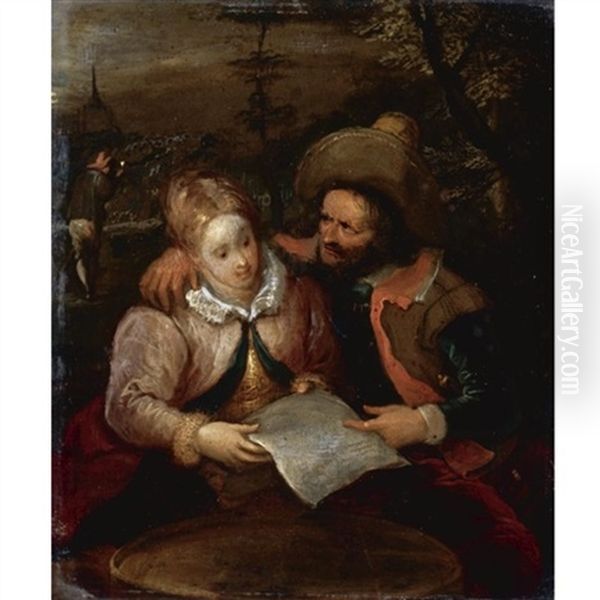 A Young Lady And A Cavalier Holding A Letter Oil Painting by Frans Francken III