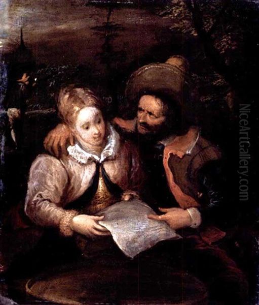 A Young Lady And A Cavalier Holding A Letter Oil Painting by Frans Francken III