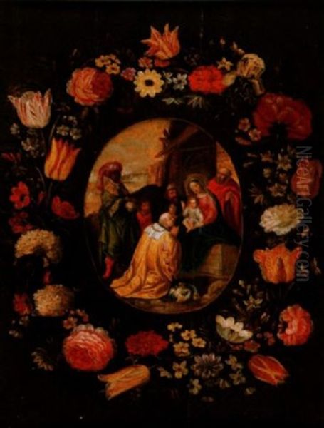 Anbetung Der Konige Im Blumenkranz Oil Painting by Frans Francken III