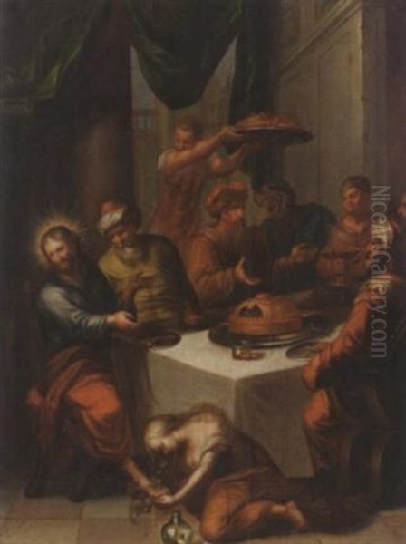 Gastmahl In Bethanien. Maria Magdalena Salbt Christus Die Fuse Oil Painting by Frans Francken III