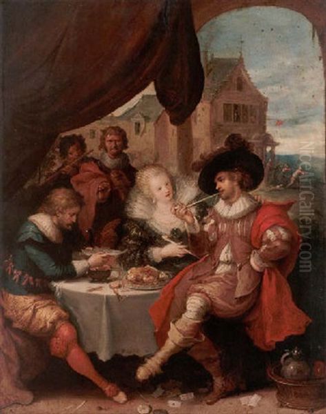 Elegant Company Banqueting At A Table To The Accompaniment Of Musicians, A Country Tavern Beyond Oil Painting by Frans Francken III