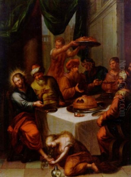 Gastmahl In Bethanien - Maria Magdalena Salbt Christus Die Fuse Oil Painting by Frans Francken III