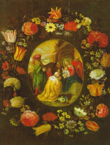 Anbetung Der Konige Im Blumenkranz Oil Painting by Frans Francken III