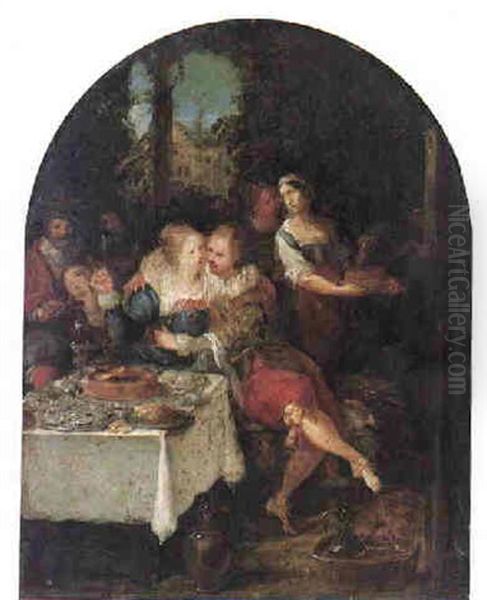 A Couple Embracing At A Table Laden With Oysters And Plates Of Food, Musicians And Servants Beyond Oil Painting by Frans Francken III