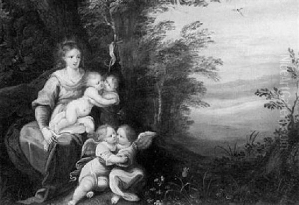 The Madonna And Child With The Infant St.john Seated Beneath A Tree With Two Angels Oil Painting by Frans Francken III