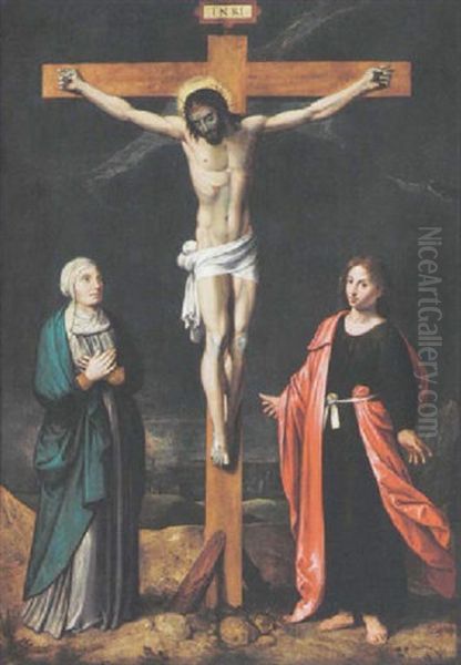 Christ On The Cross With The Virgin Mary And St. John The Baptist Oil Painting by Ambrosius Francken the Elder