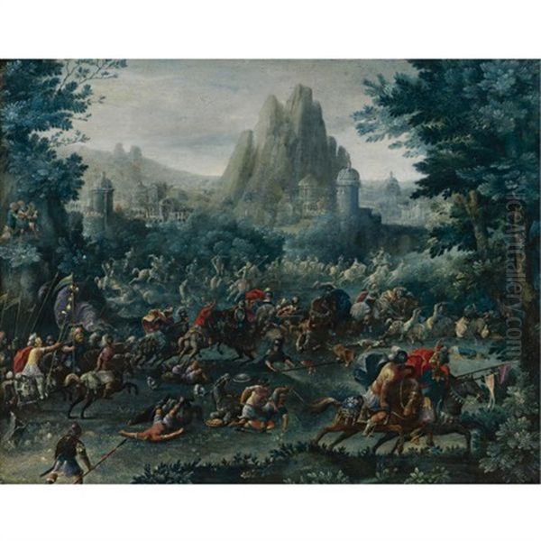 Cavalry Skirmish With A Mountainous Landscape Beyond Oil Painting by Frans Francken the Elder