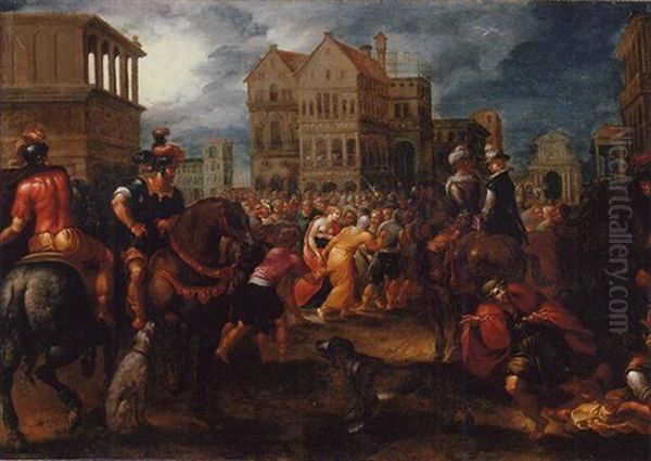 A Crowded Town Square With Soldiers Oil Painting by Frans Francken the Elder