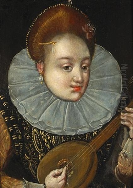 A Portrait Of A Noblewoman Playing A Lute (+ 3 Others; 4 Works) Oil Painting by Hieronymus Francken the Elder