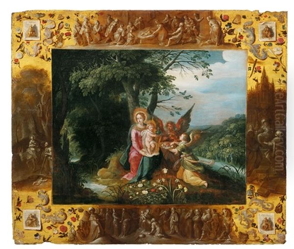 Maria Mit Kind Und Zwei Engeln (collab. W/studio Of Abraham Govaer) Oil Painting by Ambrosius Francken the Younger