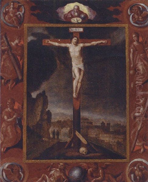 The Crucifixion In A Feigned Surround With The Implements Of The Passion And The Symbols Of The Four Evangelists, God The Father Above Oil Painting by Ambrosius Francken the Younger