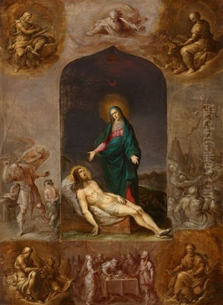 Pieta Surrounded By Grisailles Of The Four Evangelists And Scenes From The Old Testament Oil Painting by Frans Francken the Younger