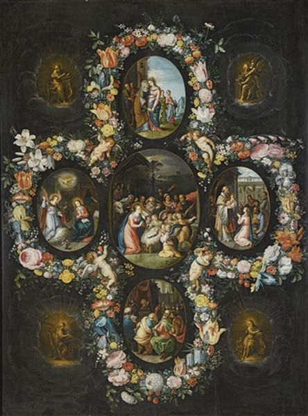 The Joyful Mysteries Of The Five Rosaries: Five Medallions Surrounded By A Garland Of Flowers Depicting The Adoration Of The Shepherds; The Annunciation; The Visitation Of Mary To Saint Elizabeth; The Presentation In The Temple; And Christ Disputing With  Oil Painting by Frans Francken the Younger