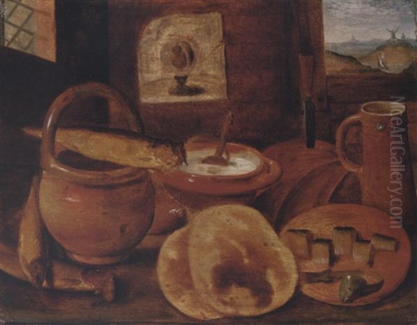 A Poor Man's Meal: A Loaf Of Bread, Porridge, Buns, And A Herring On A Wooden Table Oil Painting by Hieronymus Francken the Younger