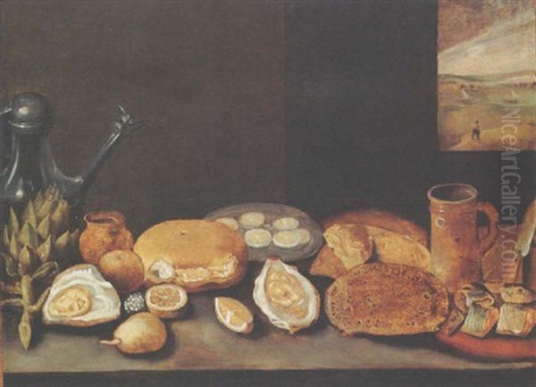 A Still Life With An Artichoke, A Pewter Jug, Oysters, Lemons, A Herring On A Plate With Bread, All On A Wooden Ledge Oil Painting by Hieronymus Francken the Younger