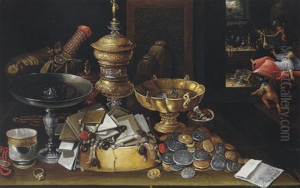 A Still Life Of Coins, Letters, A Silver Tazza, Gilt Vessels, Jewelry And A Silver Beaker Upon A Table, A Miser Haunted By Demons Beyond Oil Painting by Hieronymus Francken the Younger