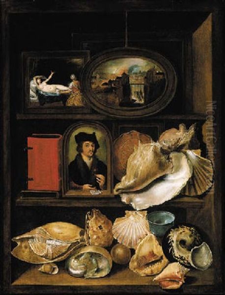 A Still Life Of Shells, Paintings And Books On Recessed Shelves Oil Painting by Hieronymus Francken the Younger