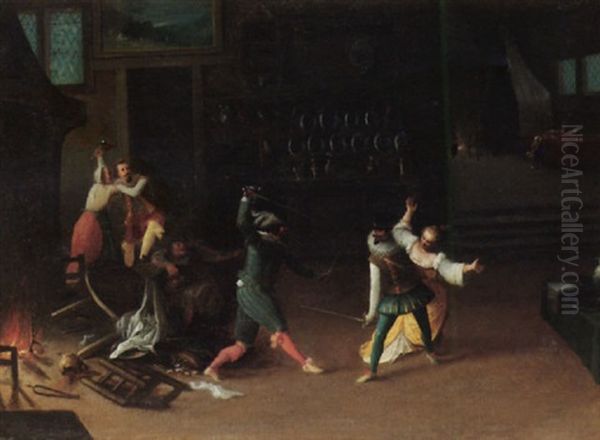 An Interior With Swordsmen Fighting Over A Woman Oil Painting by Hieronymus Francken the Younger