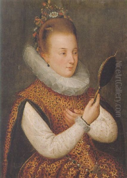 Portrait Of A Young Lady Wearing A Gold And Red Embroidered Dress Oil Painting by Hieronymus Francken the Younger