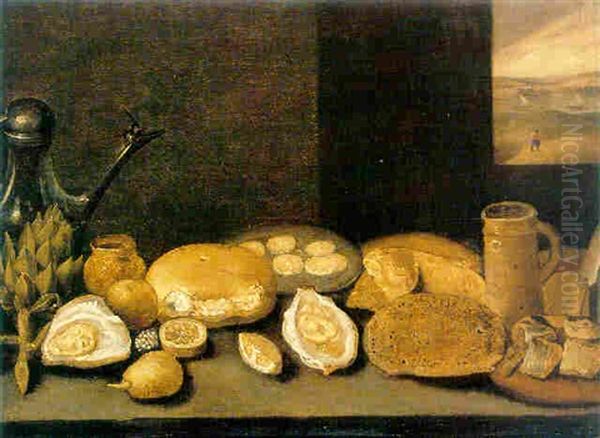 A Still Life Of An Artichoke, A Pewter Ewer, Oysters, Lemons, Herring And Bread All On Wooden Ledge Oil Painting by Hieronymus Francken the Younger