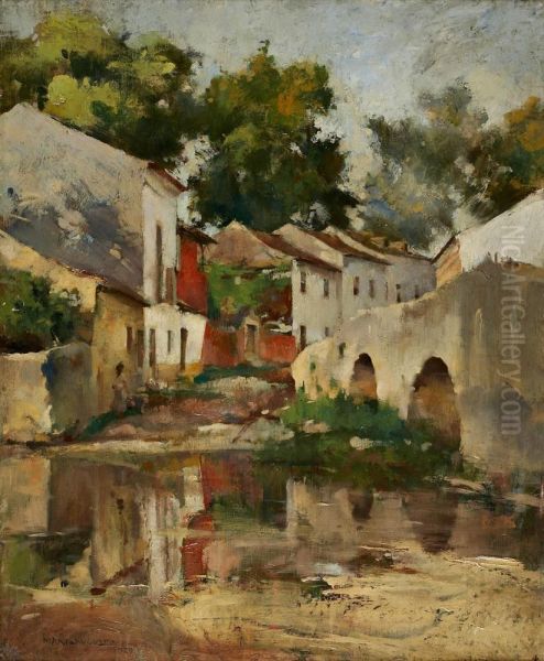 Paisagem De Aldeia Com Ponte Romana Oil Painting by Mario Augusto