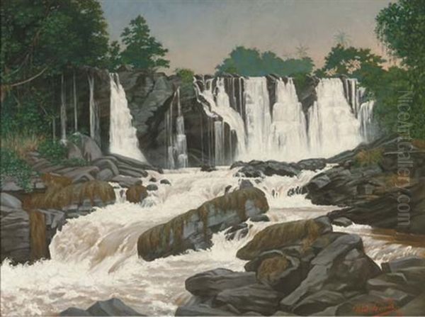 Waterfalls In Central Africa Oil Painting by Rudolf Francke-Nautschuetz