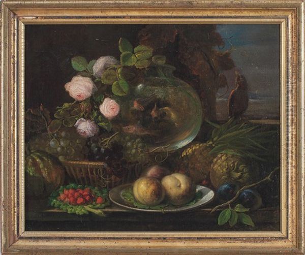 Still-life With Roses, Fruit, Bowl Of Gold Fish And Parrot At A Window Oil Painting by Alexandre Francois