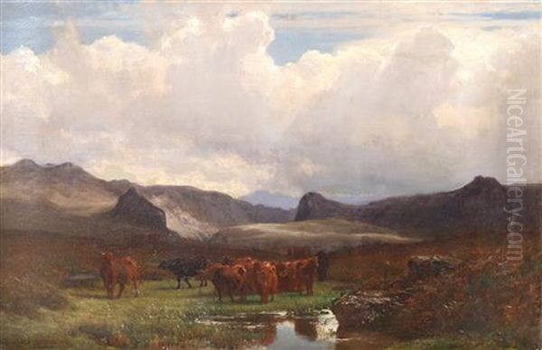 Cattle Grazing On A Hillside Besides A Lake Oil Painting by Auguste Francois