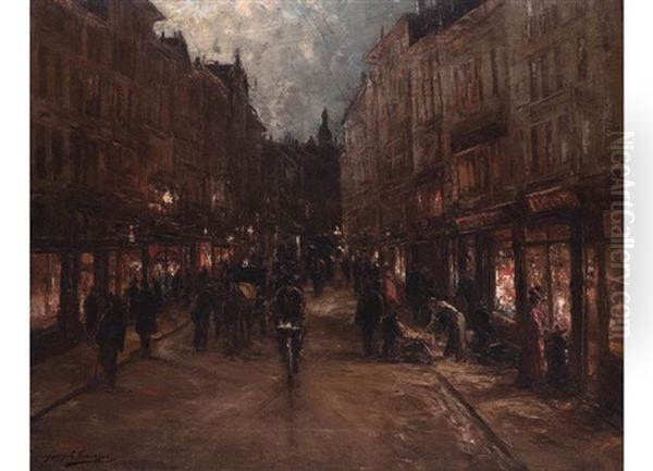 Nachtliche Strassenszene In Brussel Mit Beleuchteten Schaufenstern Oil Painting by Joseph Charles Francois