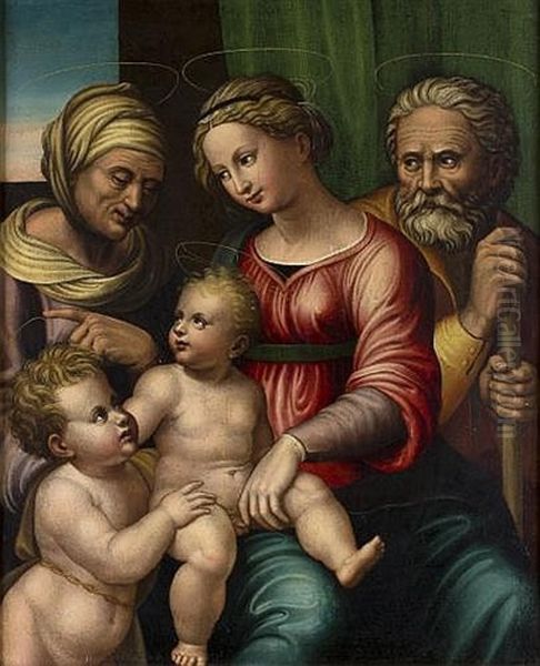 Madonna With Jesus Child And Saints Joseph, Giovannino And Elizabeth Oil Painting by Innocenzo di Pietro (da Imola) Francucci