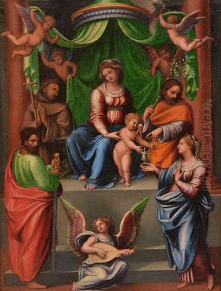 The Madonna And Child With Saints And Angels Oil Painting by Innocenzo di Pietro (da Imola) Francucci