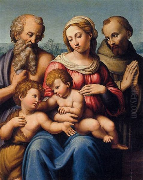 Madonna And Child With The Infant Baptist And Saints Jerome And Francis Oil Painting by Innocenzo di Pietro (da Imola) Francucci