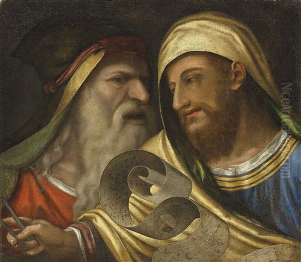 Two Philosophers Holding A Scroll Oil Painting by Niccolo Frangipane