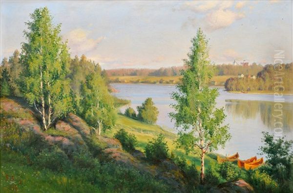 Summer Landscape With Rowing Boats Oil Painting by Felix Frang-Pahlama