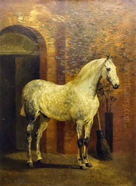 Portrait Of A Dappled Grey Horse And Portrait Of A Woman Riding Side Saddle On A Grey Horse (2 Works) Oil Painting by Alfred Frank